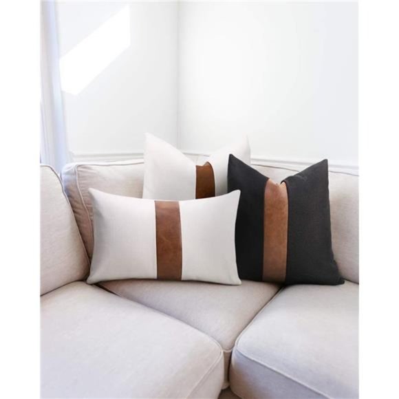 Set of 2 Black Linen Patchwork Faux Leather Throw Lumbar Pillow Covers for Couch - Picture 2 of 6